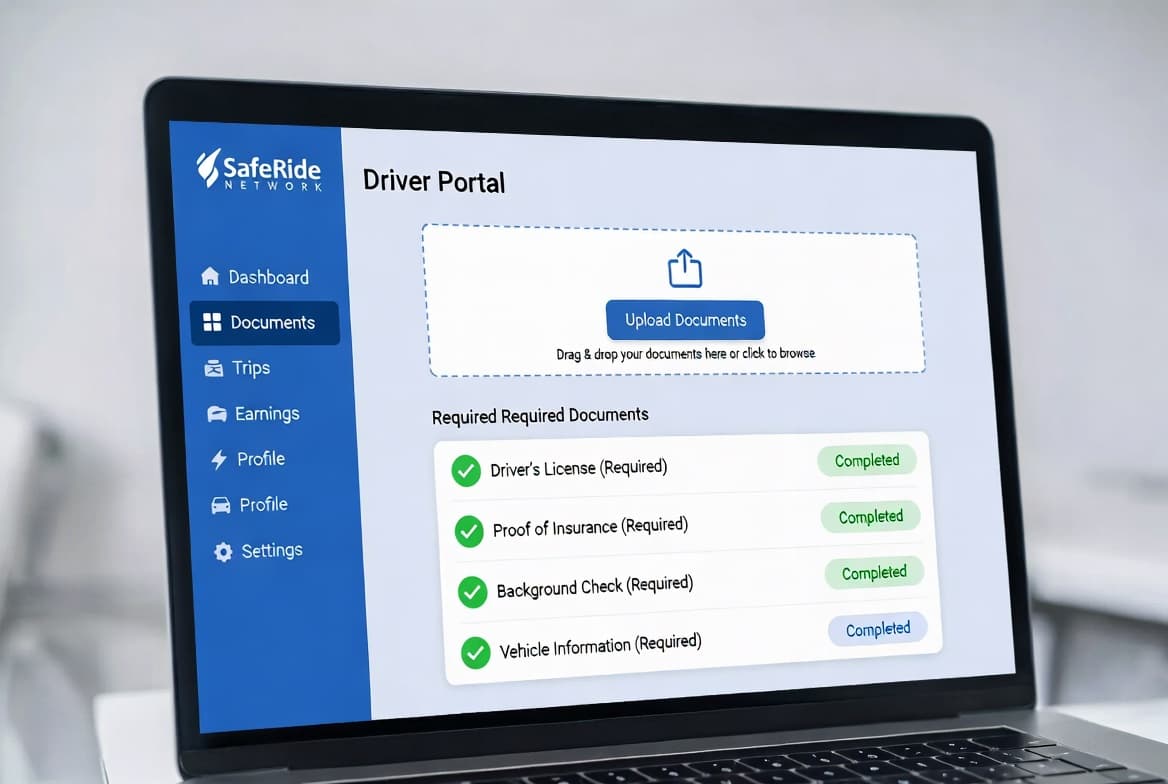 Panel del portal de conductor SafeRide - Seguimiento de documentos y requisitos